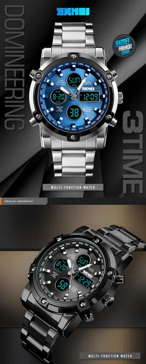 Skemie 1389 Men’s Digital Analog Watch Waterproof Digital Chronograph Led Multi-time Business Watch Stainless Steel (without Box)