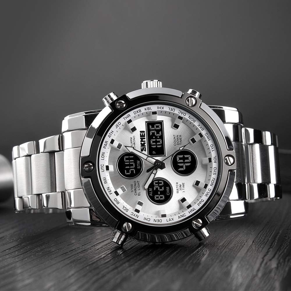 Skemie 1389 Men’s Digital Analog Watch Waterproof Digital Chronograph Led Multi-time Business Watch Stainless Steel (without Box)